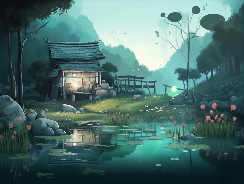 晚上池塘倒影小木屋春季夏季草坪草地户外郊游蓝天白云美景插画,插画/手绘图,插画/手绘图库,插画/手绘图下载,插画/手绘